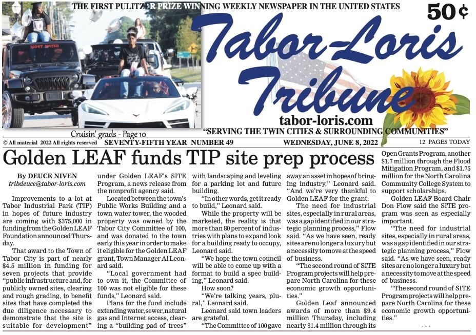 Golden LEAF funds TIP site news article featured in the Tabor Loris Tribune Article