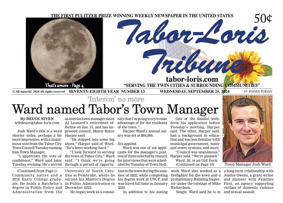 Josh Ward named Town Manager - Tabor-Loris Tribune article