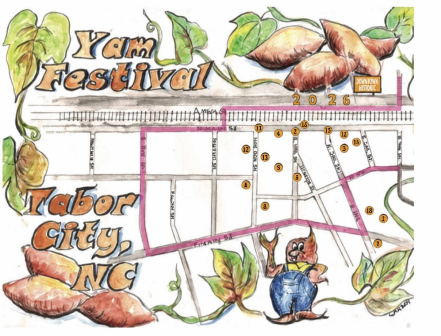 Parade Route for the 2026 Yam Festival Parade in Tabor City NC