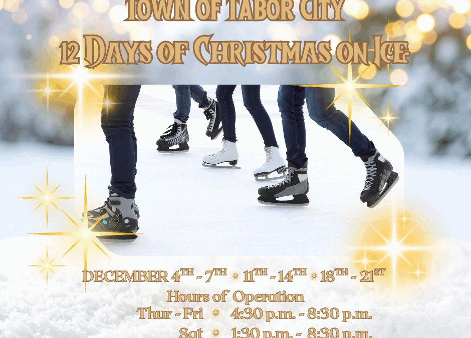 young people skating or at least an image of their legs in figure skates and hockey skates plus dates for the event in Tabor City .. . .12 Days of Christmas Town of Tabor City NC Columbus Countuy NC 12 days on ice