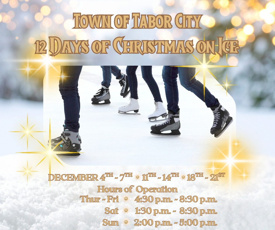 young people skating or at least an image of their legs in figure skates and hockey skates plus dates for the event in Tabor City .. . .12 Days of Christmas Town of Tabor City NC Columbus Countuy NC 12 days on ice